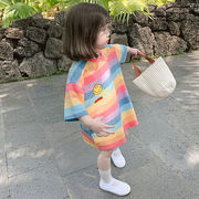 2023夏季童装韩版女童条纹，彩虹中长款短袖，t恤儿童连衣裙