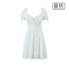 法式重工蕾丝刺绣，方领泡泡袖白色连衣裙，显瘦荷叶边a字裙