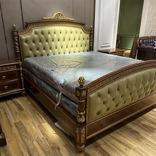 欧式实木双人床进口头层牛皮1.8米大床2米2.2米主卧床别墅大宅床