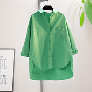绿色棉衬衫女2023今年流行时尚洋气简约纯色，韩版慵懒外穿衬衣