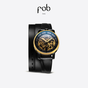 fob手表女款r360法式进口三层黑色薄皮革表带，欧美机械腕表女