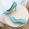 欧美糖果色蓝绿色羊皮高跟鞋，基本款尖头细跟真皮单鞋浅口鞋时尚鞋