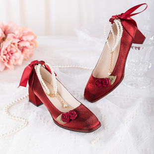 粗跟玛丽珍女鞋玫瑰花红色结婚新娘鞋中式旗袍订婚敬酒服高跟鞋女