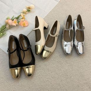 NASADIYA法式中跟金色方头单鞋仙女鞋子2024年春季小香风银色