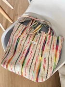 彩虹条纹单肩包编织托特包ins韩风小众休闲刺绣包电脑帆布托特包