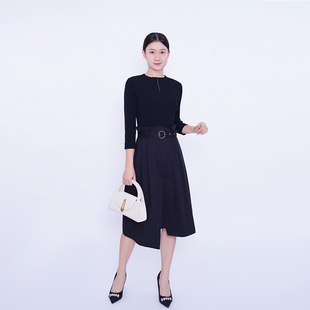 MIK＆LA针织气质百搭显瘦黑色时尚假两件拼接花苞连衣裙BA3CL6006