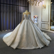 高档欧美婚纱2023夏季时尚优雅珍珠长袖蕾丝亮片白色新娘婚纱
