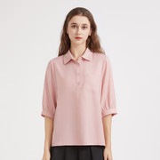 法式甜美polo领雪纺衬衫，女2024春夏五分，袖半开襟粉色套头上衣