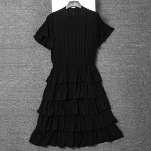 外贸单夏季女装人造棉黑色连衣裙设计感小众荷叶袖收腰层层蛋糕裙