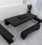 炭化黑色白蜡木泡茶桌椅组合大板桌实木，茶台会议桌亚克力悬浮餐桌