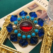 新年款高级重工设计宝蓝色花朵胸花松石绿中国红宝石胸针外套别针