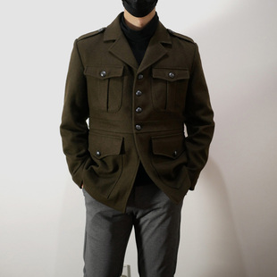 羊毛呢猎装改良美军常服军绿色肩章修身男式夹克外套复古二战