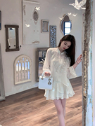fairyjiang夏季国风刺绣白色雪纺，百褶半身裙高腰显瘦不规则短裙子