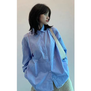 蓝色假两件条纹衬衫女2023春秋季韩版设计感小众宽松长袖上衣