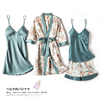 春夏女性感薄款冰丝睡衣，四件套长袖睡袍吊带，胸垫睡裙两件套家居服