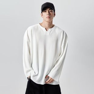 NOXXNOXX高级感v领褶皱垂感长袖T恤男秋冬季圆领宽松健身训练衣服