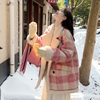 粉色格纹羊羔毛外套(毛外套，)女2023冬季韩系设计感两面穿加厚毛绒大衣