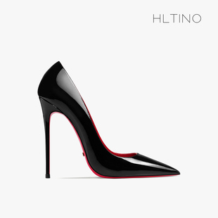 hltino2024早春黑色漆皮尖头高跟鞋女细跟性感红底工作单鞋子