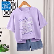真维斯Mofeel圆领短袖t恤女2024夏季ins风紫色上衣设计感小众