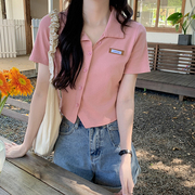 polo领t恤女装粉色短袖2023年夏季高腰修身ins打底衫小众设计