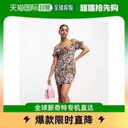 香港直邮潮奢 ASOS 女士bardot 设计洋娃娃前襟绑带迷你茶色花朵