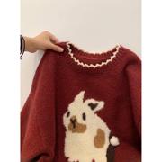 红色甜美可爱小兔子毛衣女(毛，衣女)圆领套头，秋冬加厚过年宽松外穿短款上衣