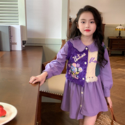 栀了成长记童装女童紫色灯芯绒连衣裙春装儿童宝宝花朵领衬衫裙子