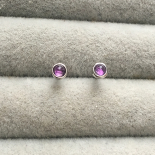 简约风格3毫米超极迷你天然紫水晶包镶s925纯银，镀白金耳钉耳骨