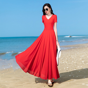 2024夏气质V领短袖红色大摆雪纺长裙超长到脚踝海边长裙沙滩裙女
