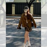 美式复古棕色皮衣短外套秋季2024女装高级感小个子机车服夹克