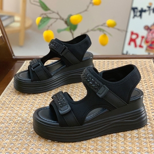 露趾运动凉鞋女2024夏季韩版时尚坡跟厚底7cm高跟休闲罗马沙滩鞋