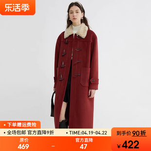 范洛新年红色毛呢大衣女2023冬仿羊羔毛牛角(毛，牛角)扣拼接中长款加厚外套