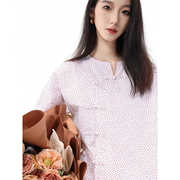 中式国风淑女白色波点印花衬衫，女春夏薄款直襟无领长袖纯棉上衣