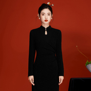 年会气质长款旗袍，2023年女秋季中国风，日常改良长袖连衣裙黑色