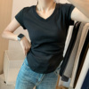 v领短袖t恤女夏季纯色弧形，下摆黑色紧身上衣2024螺纹冰丝收腰