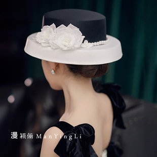黑色法式珍珠环烫花礼帽，复古优雅婚纱拍照帽饰时尚洋气赫本风帽子