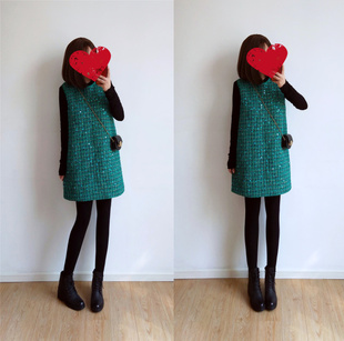 冬季绿色编织小香风亮片装饰无袖圆领a字裙短裙背心裙显瘦