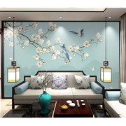 新中式手绘玉兰花背景墙布8D工笔花鸟墙纸定制客厅沙发影视墙壁画