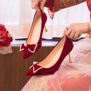2024年主婚鞋女新娘中式红色秀禾敬酒服两穿订婚鞋高跟不累脚
