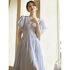 茶歇法式桔梗2024年夏季女装，复古高级感气质，蓝色条纹连衣裙子
