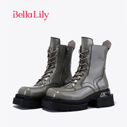 bellalily春季欧美时尚，马丁靴女牛皮中筒靴增高机车靴子