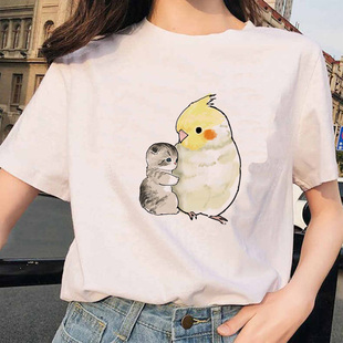 Parrot And Cat T-shirt 夏季欧美风卡通鹦鹉猫咪印花T恤短袖