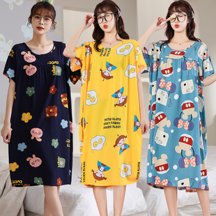 韩版加长款棉绸睡裙卡通，可爱薄款短袖加大码，睡衣夏季人造棉居家服
