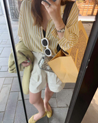 kogirl黄色竖条纹棉麻防晒衬衫，~2023夏季法式休闲宽松复古女