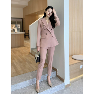 春秋干枯粉色显白修身西服两件套韩版职业时尚减龄西装套装女