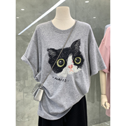 欧美男友风 美式慵懒宽松中长款短袖T恤趣味猫咪刺绣圆领休闲上衣