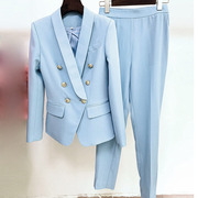 2024法式青果领双排扣西装外套浅蓝色九分裤OL通勤套装女