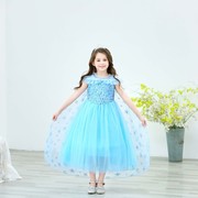 冰雪艾莎款公主裙蓝色带，披风夏天的爱莎连衣裙，短袖纱裙女童蓬蓬裙