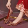红色法式婚鞋新娘鞋女2024高跟鞋3cm低跟单鞋婚纱两穿水晶鞋