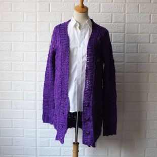 外贸原单针织开衫中长款女士毛衣外套宽松版提花紫色V领长袖通勒